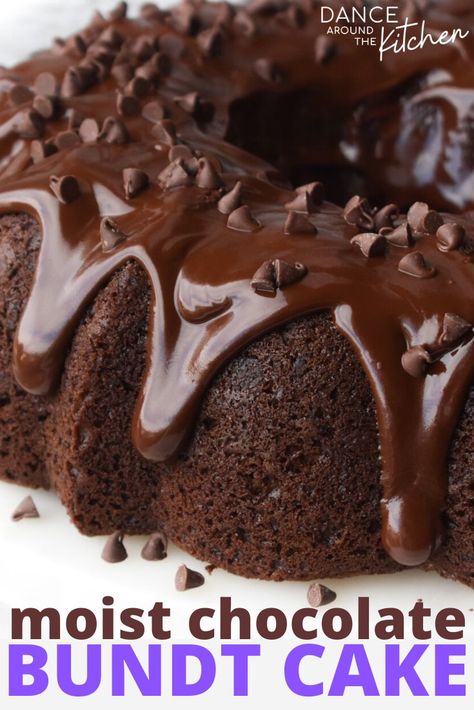 This Moist Chocolate Bundt Cake recipe is a chocolate lover’s dream!! The cake, which starts with a cake mix and pudding packet, is rich and perfectly dense with a thick layer of fudgy icing. Grab a scoop of ice cream and you’re set!  #CakeMix #BundtCake #ChocolateChips #Chocolate #MoistCake Cakes Made With Soda, Pepsi Cake, Chocolate Ganache Glaze, Chocolate Ganache Frosting, Chocolate Bundt, Ganache Frosting, Chocolate Bundt Cake, Gateaux Cake, Floral Apron