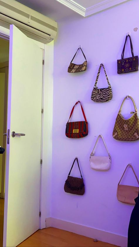 Purses On Wall Aesthetic, Bags Hanging On Wall Aesthetic, Purses Hanging On Wall, How To Hang Bags In Room, Purse Wall Display Bedroom, Bag Wall Display, Purses On Wall, Purse Organization Wall, Purse Wall Display