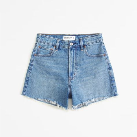 High Rise 90s Cutoff Short High Rise 90's-Style Denim With A Looser Fit Through The Leg And More Room Through The Hip And Thigh, And A 3.25 Inch (8.25 Cm) Inseam. Vintage Stretch Denim In A Medium Wash, With Zipper Fly And Frayed Hem. Imported. Body:99% Cotton, 1% Elastane / Pocket Bag:70% Polyester, 30% Cotton Dad Shorts, Abercrombie And Fitch Shorts, Low Rise Shorts, Short Women, Dad Jeans, Abercrombie And Fitch Jeans, High Rise Denim Shorts, Jeans For Short Women, Distressed Denim Jeans