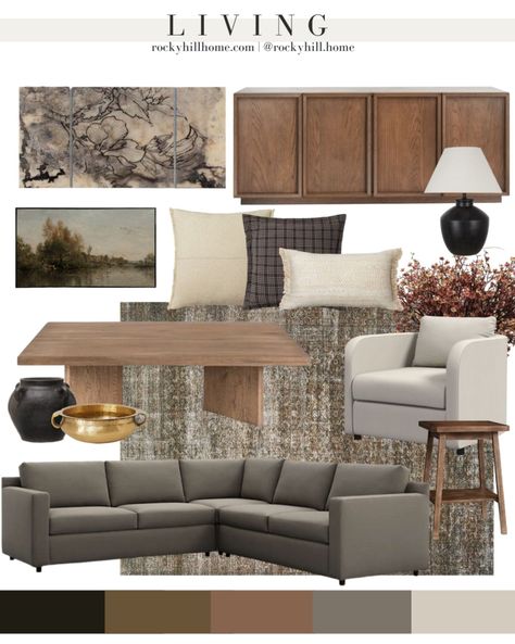 Serene Spaces Living Gold Brass … curated on LTK Transitional Living Rooms With Fireplace, Earth Tone Home Decor Living Rooms, Modern Classic Minimalist Interior, Japandi Contemporary Living Room, Gray Brown Wood Floors Living Room, Dark Gray And Tan Living Room, Rowe Sectional Sofa, Rugs And Pillows Living Room, Monochromatic Neutral Living Room