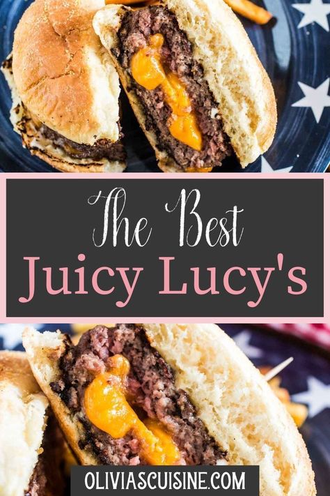 If you're looking for new ground beef recipes, you have to try this midwest recipe for Juicy Lucy Burgers! They feature two patties with cheese in the middle, and are the ultimate BBQ or cookout recipe. If you're looking for food for Memorial Day or the 4th of July, this juicy lucy burger recipe is the perfect fit. Also great for summer meal ideas, grilling, and more! Enjoy this midwest classic recipe at home. Best Juicy Burger Recipe, Jucy Lucy Burgers, Juicy Burger Recipe, Burger Patty Recipe, Juicy Lucy Burger, Grilled Burger Recipes, Burger Recipes Beef, Juicy Hamburgers, Hamburgers Grilled