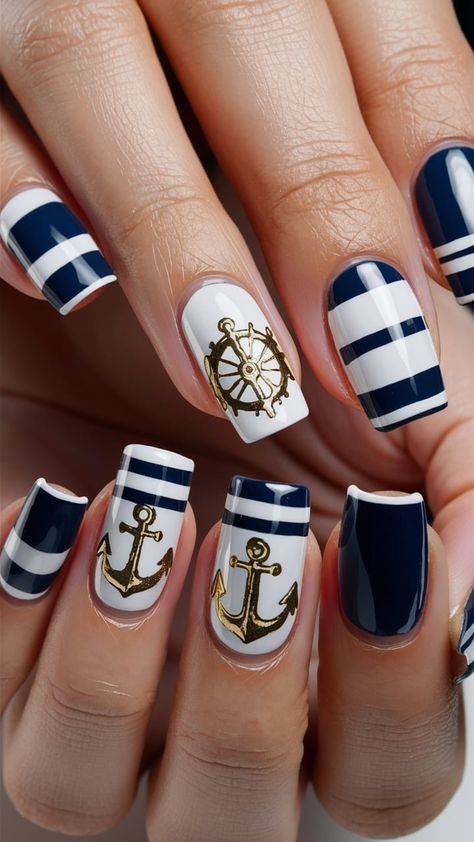 35 Summer Nail Art Designs : Perfect For Matching Swimsuits Nautical Nail Designs, Summer Nail Art Designs, Nautical Nails, Acrylic Nail Set, Summer Nail Art, Nail Art Designs Summer, Inspired Nails, Striped Nails, Ship Wheel