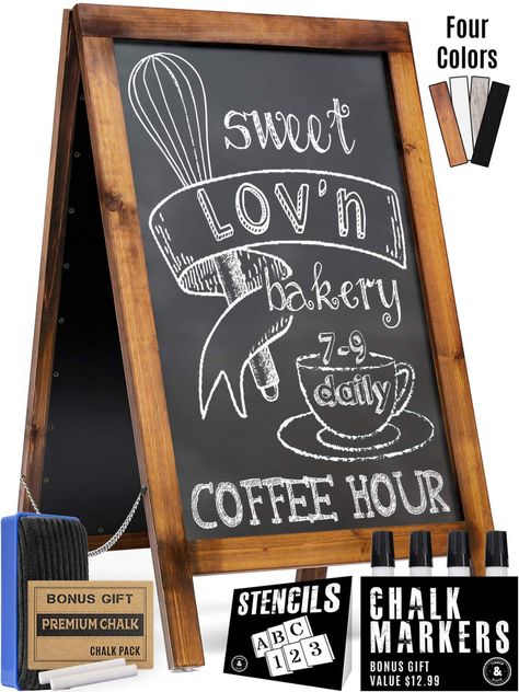 Handcrafted A Frame Chalkboard Sign - Sandwich Board Sidewalk Signs for Businesses - Rustic Pine Wood Outdoor Standing Chalk Boards for Sidewalks - Large 40" x 22" Double Sided Advertising Easel: Kitchen & Dining Chalk Art Quotes, Clean Juice, Chalkboard Restaurant, Signs For Business, Sidewalk Signs, Soda Shop, Cart Ideas, Sidewalk Sign, Chalk Sign