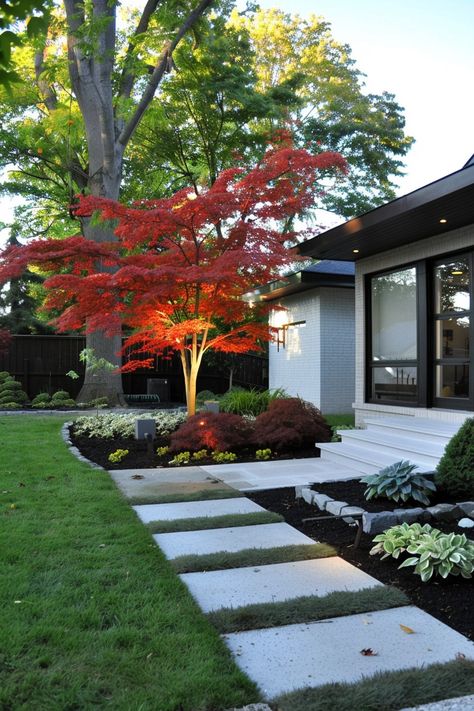 Front Yard Plants Curb Appeal, Small Front Yard Trees, Front Yard Landscaping Design Curb Appeal, Maple Tree Landscape, Adding Curb Appeal, Fountain Pond, Garden Decoration Ideas, Front Garden Landscape, Small Front Yard Landscaping