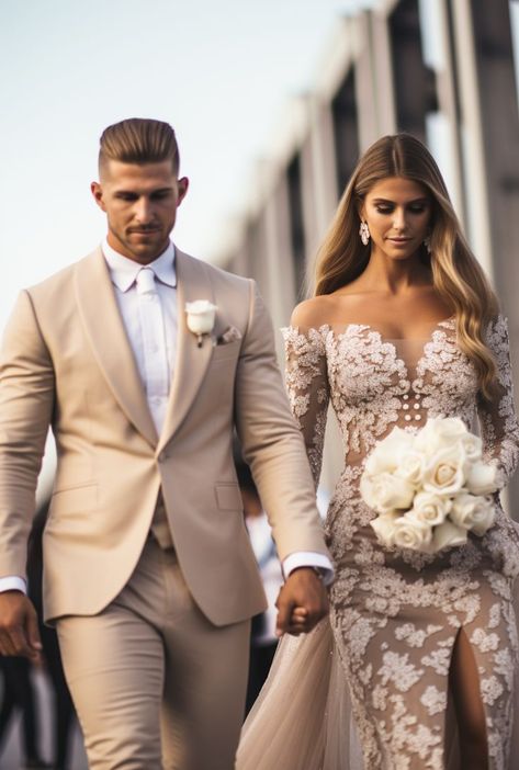 A figure exuding confidence and style in a beige suit, reminiscent of Daniel Jaems' signature style. The textured detail and high-quality finish, combined with a palette of white and beige, evoke a sense of sophistication and happiness. Beige Bride Dress, Champagne Wedding Suit, Light Tan Suit Wedding, Groom Beige Suit Wedding, Groom Suit Beige, Beige Suit Wedding, Champagne Tux, Black Beige Wedding, Beige Groom Suit