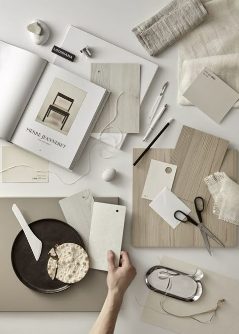 Desk Flatlay, Selamat Hari Valentine, Interior Design Minimalist, Natural Palette, Minimalist Home Interior, Material Board, Flatlay Styling, Gray Bedroom, Flat Lays