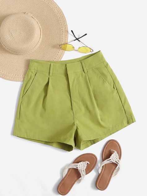 Lime Green Casual Collar  Fabric Plain Wide Leg Embellished Non-Stretch Spring/Summer/Fall Women Bottoms Short Verde, Red Leather Pants, Style Vert, Lime Green Shorts, Leather Pants Women, Spring Shorts, Beige Style, Women Shorts, Shorts Casual