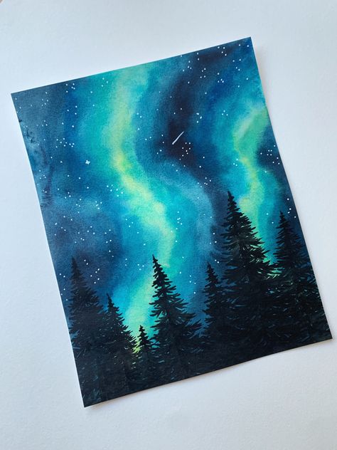 Northen Light Drawing, Northern Lights Painting Easy, Northern Lights Drawing, Watercolor Steps, Watercolor Northern Lights, Northern Lights Card, Watercolour Projects, Northern Lights Watercolor, Aurora Borealis Painting