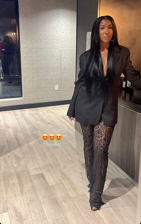 Cosmetology Black Outfits, Blazer With Lace Bodysuit, Lace Top Leather Pants Outfit, All Black Formal Attire Women, Sheer Pants Outfit Black Women, Sheer Pants Outfit Black, All Black Event Outfit, Black Lace Outfit Black Women, All Black Attire Party Night