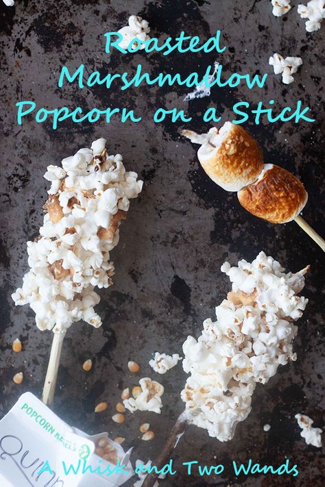 Popcorn Balls On A Stick, Fire Pit Food, Marshmallows On A Stick, Popcorn Ball, Campfire Snacks, Roasted Marshmallow, Marshmallow Popcorn, Campfire Desserts, Around The Campfire