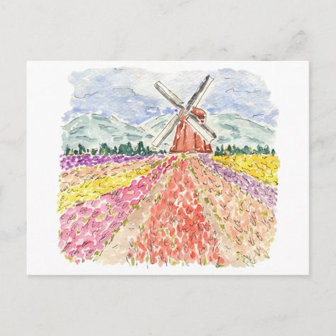 Tulip Fields in The Netherland Watercolor Postcard - Netherlands Tulip Field Watercolor, Dutch Tulip Fields, Netherland Tulip Fields, Spring Watercolor Art, Flower Field Sketch, Netherlands Drawing, Watercolor Amsterdam, Netherlands Watercolor, Things To Watercolor