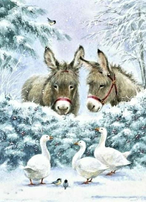 Friend Painting, Christmas Friends, Image Chat, Christmas Scenes, Winter Pictures, Arte Animal, Donkeys, Arte Fantasy, Christmas Paintings