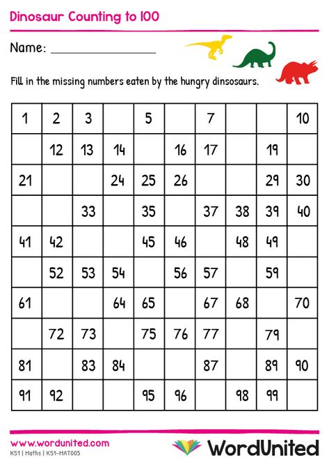 Practice counting to 100 by figuring out which numbers the hungry dinosaurs have eaten! This activity is a great way of improving understanding about how to use a hundred square and improving counting skills. Supports the following area of learning within Key Stage 1: Maths. Learning Numbers 1-100 Activities, Counting 1 To 100 Worksheet, Dinosaur Counting, Math Counting Activities, Free Math Printables, Counting To 120, Teach Peace, Kitchen Crochet, Counting To 100