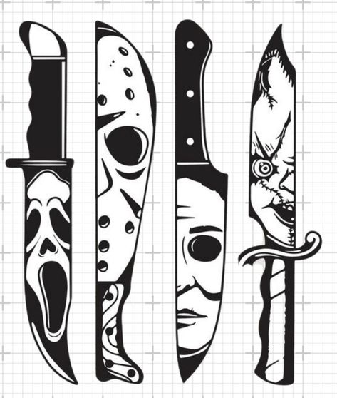 Scary Cartoon Characters Drawings, Mini Ghostface Tattoo, Horror Drawing Tattoo, Horror Outline Tattoo, Goast Face Drawing, Chucky Knife Tattoo, Ghostface Flash Tattoo, How To Draw Michael Myers, Simple Scream Tattoo