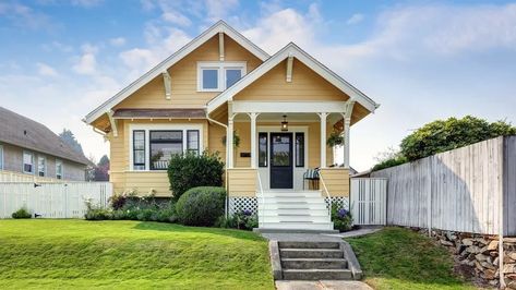 What Is a Craftsman Bungalow? A Cute Home Once Sold by Catalog | Real Estate News & Insights | realtor.com® 50s Bungalow, 1920s Craftsman Bungalows, Craftsman Bungalow Exterior, Craftsman Style Bungalow, 1920s Bungalow, Craftsman Bungalow, Charming Home, Craftsman Bungalows, Organic Architecture