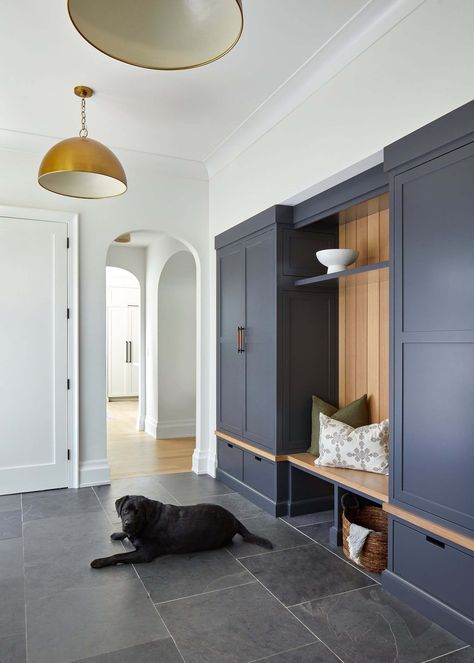 A 100-year-old house in New Jersey gets a timeless and modern renovation Dark Mudroom, Mudroom Floors, Mudroom Inspiration, Timeless House, Mudroom Flooring, House Renovation Projects, Bunk Rooms, Modern Renovation, Laundry Room Renovation