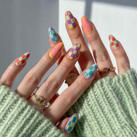 Mix And Match Nail Art, Pastel Checkered Nails, Wavy Checkered Nails, Checker Nail Designs, Checkers Nails, Quilt Nails, Checkered Nail Designs, Fun Colorful Nails, Checker Nails