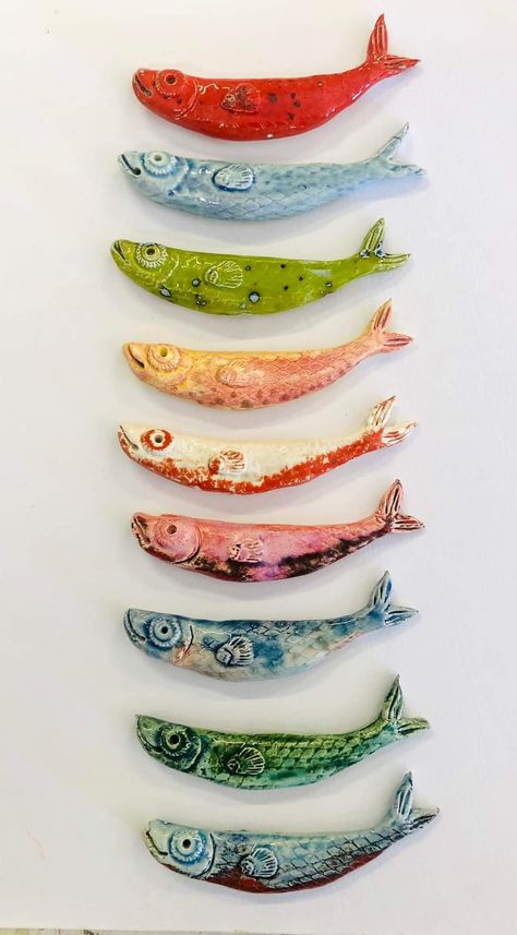 Fish Garden Art, Air Dry Clay Fish, Pottery Fish, Fish Clay, Air Dry Clay Fish Art, Fish Clay Art, Fish Ceramic, Clay Fish Ornaments, Ceramic Fish Mobile