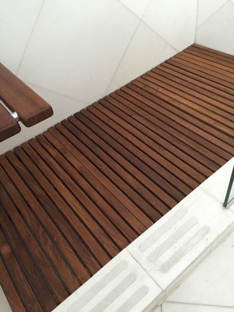 Bathroom2 teak shower floor Wood Floor Shower Ideas, Shower Floor Diy, Toilet Renovation, Wooden Shower Mat, Wood Shower Mat, Teak Shower Floor, Master Patio, Wooden Bathmat, Studio Bathroom