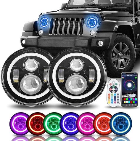 7" Halo LED Headlights for Wrangler Best Jeep Wrangler, 2017 Jeep Wrangler Unlimited, 2011 Jeep Wrangler, 2006 Jeep Wrangler, Cool Jeeps, Bluetooth Remote, Jeep Wrangler Tj, Projector Headlights, Jeep Wrangler Unlimited