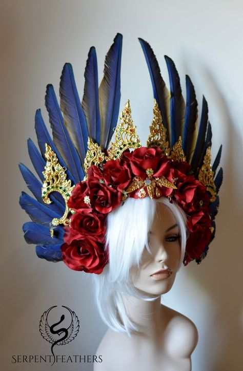 Shop Headdresses on Etsy ::: To request a custom headdress, Contact Ka. ::: Making A Headdress, Handmade Fantasy Costume Headpieces, Horn Crown Headdress, Headdress Feather, Feathered Headdress, Headpiece Diy, Mardi Gras Costumes, Head Hair, Hair Ornaments