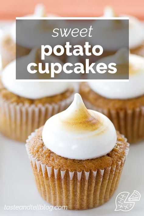 Forget the casserole and go straight for dessert! These moist, spiced Sweet Potato Cupcakes are topped with a marshmallow frosting, and then toasted to give them that familiar Thanksgiving flavor. Thanksgiving Desserts Cupcakes, Poppyseed Cupcakes, Marshmallow Frosting Recipes, Potato Cupcakes, Funfetti Frosting, Sweet Potato Cupcakes, Taste And Tell, Tasty Cakes, Snack Cakes