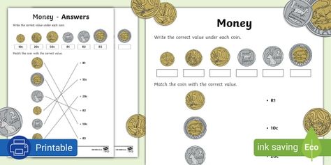 * NEW * Money Matching South Africa Worksheet South African Money Worksheets, South African Money, Counting Money Worksheets, Money Word Problems, Teaching Money, Money Activities, Counting Coins, Money Math, Money Worksheets