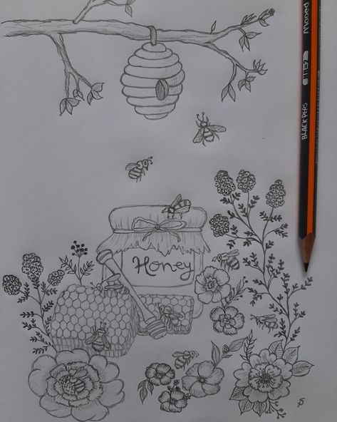 Bees Nest Drawing, How To Draw Honey Bee, Bee Hive Drawings, Honey Bee Art Drawings, Honey Bee Drawing Simple, Cute Honey Bee Drawing, Bee And Flower Drawing, Honey Artwork, Simple Bee Drawing