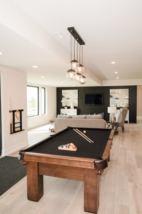 Falcon Roost Staging - Farmhouse - Basement - Denver - by Aspen Tide Design & Staging | Houzz Game Rooms With Pool Tables, Pool Table With Dining Top, Modern Coastal Basement, Basement Games Room Ideas, Basement Ideas With Pool Table, Pool Table Basement Ideas, Modern Farmhouse Game Room, Basement Decorating Ideas Cozy Living, Pool Table Room Ideas Man Caves