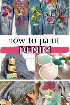 Jeans With Painted Flowers, Painted Flannel Shirt Diy, How To Paint Pants, Painted Jean Jacket Diy, Diy Overalls From Jeans, Denim Painting Ideas, Diy Painted Denim, Diy Painted Jeans, Painted Blue Jeans