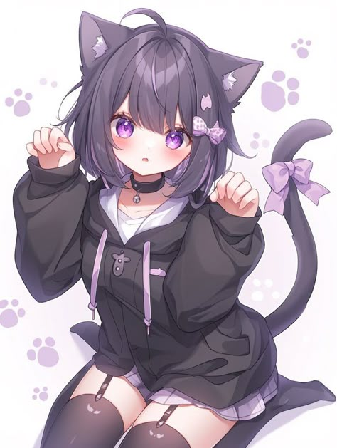 Cat Girl Animes, Catgirl Wallpapers, Cat Girl Matching Pfp, Goth Catgirl, Cat Girl Pfp, Catgirl Pfp, Catgirl Art, Cat Hybrid, Nekomata Okayu