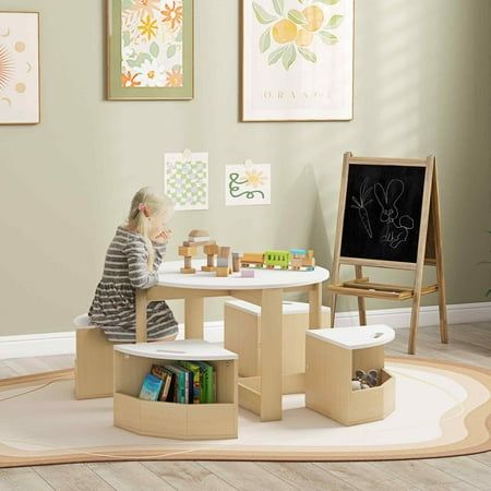 Enjoy creative, clutter-free playtimes. Discover the joy of space-saving design with the Qaba Kids Table and Chair Set. This 5-piece baby chair set tucks chairs neatly under the table and includes hidden storage under each seat. Suitable for any play area, this small table and chairs are a delightful addition to any nursery, daycare, or home. Size: 30.7" Dia. x 19.3"H.  Color: White. Toddler Play Table, Nursery Daycare, Modern Kids Table, Toddler Desk, Kids Art Table, Kids Wooden Table, Kids Table And Chair, Craft Drawing, Playroom Table