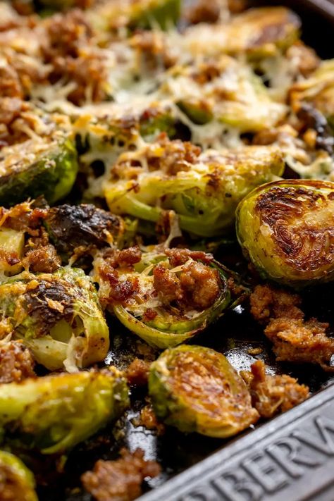 Chorizo sausage and Manchego cheese give roasted Brussel sprouts a Spanish-style upgrade for a crowd-pleasing tapa or hearty side dish. The loaded sprouts are hearty enough that sometimes I even serve them as a main dish with a salad or side of rice. Chorizo Recipes Appetizers, Chorizo Appetizer, Roasted Celery, Chorizo Recipes, Manchego Cheese, Salad Mixed Greens, Chorizo Sausage, Roasted Brussels Sprouts, Roasted Brussel