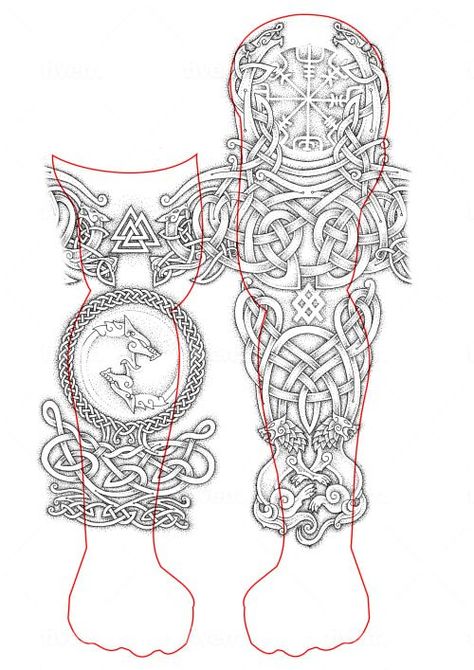 Celtic Norse Tattoo Sleeve, Viking Background Tattoo, Viking Tattoos Design, Traditional Celtic Tattoos, Viking Tattoo Design Drawings, Traditional Viking Tattoo Design, Viking Tattoo Sleeve Norse Mythology, Nordic Tattoo Men, Viking Leg Sleeve