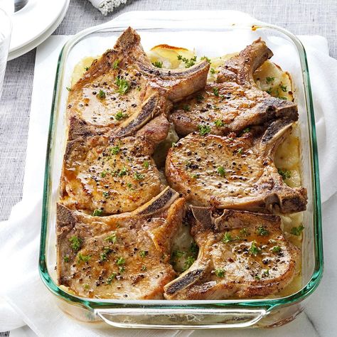 Pork Chops with Scalloped Potatoes Recipe: How to Make It Pork Chops With Scalloped Potatoes, Pork Chops Potatoes, Pork Chops And Potatoes, Meat And Potatoes, Easy Pork Chops, Easy Pork Chop Recipes, Pork Chop Recipes Baked, Scalloped Potato Recipes, Easy Pork