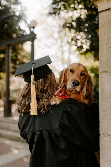 Grad Photoshoot With Dog, College Graduation Pictures Dog, Uga Grad Pics, Dog Grad Pics, Fall Grad Pics, Grad Pic With Dog, Graduation Picture With Dog, Grad Dinner Ideas, Graduation Poses With Dog