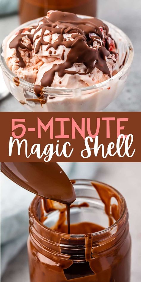 Homemade Magic Shell is super easy to make! It’s such an extra special treat and ready within five minutes. Diy Magic Shell, Magic Shell Ice Cream Topping, Magic Shell Recipe, Frozen Yogurt Toppings, Chocolate Ice Cream Topping, Homemade Magic Shell, Cream Sauces, Ice Cream Sauce, Sweet Sauces