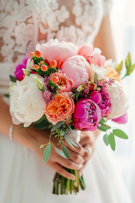 Sunset Wedding Flowers, Peony Pink Wedding, Peonies Bouquet Wedding, Pink And Orange Wedding Theme, Bridesmaid Bouquet Pink, May Wedding Flowers, Pink Orange Wedding Flowers, Vibrant Wedding Flowers, Spring Bridesmaids