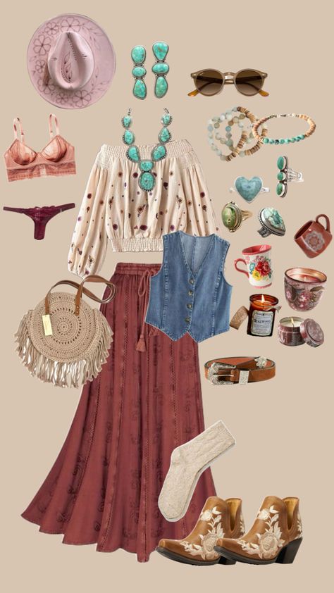 #westernoutfit #punchyoutfit #cowpoke #westernasthetic #cowboy #cowgirl #boho #hippie #gypsiegirl #bohoaesthetic #bohowestern Western Hippy Outfits, Boho Chic Skirt Outfit, Cowgirl Hippie Outfits, Hippy Cowboy Outfit, Hippy Cowgirl, Western Cottagecore Outfits, Country Boho Outfit, Hippie Western Outfits, Winter Boho Outfits