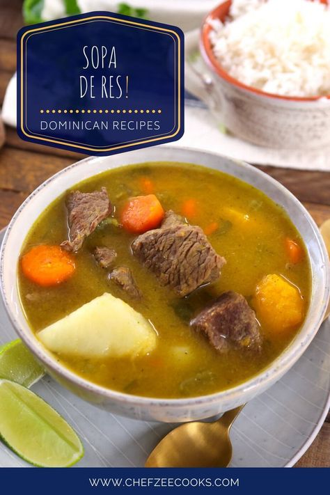 Sopa de Res con Fideos is a Dominican Style Beef Soup with grass-fed beef and hearty vegetables like potatoes, yuca, auyama, carrots and more. This easy soup recipe is very similar to Dominican Sancocho and can be enjoy with perfectly cooked white rice and even tostones! This is the perfect comfort food and winter soup recipe! Dominican Sancocho, Sancocho Recipe, Dominican Style, Easy Homemade Soups, Cooked White Rice, Easy Soup Recipe, Winter Soup Recipe, Potatoes And Carrots, Beef Soup Recipes