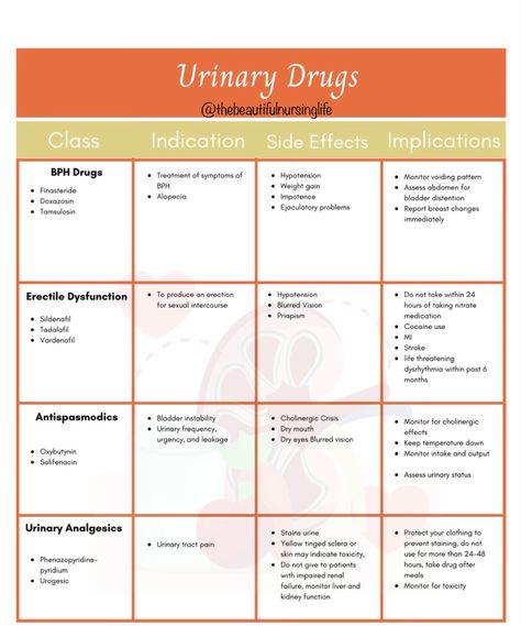 Urinary Elimination Nursing School, Primary Care Nurse Practitioner, Urology Nursing, Pharmacology Nursing Study, Nursing School Pharmacology, Nursing School Prep, Medications Nursing, Nursing School Studying Cheat Sheets, Nursing Knowledge