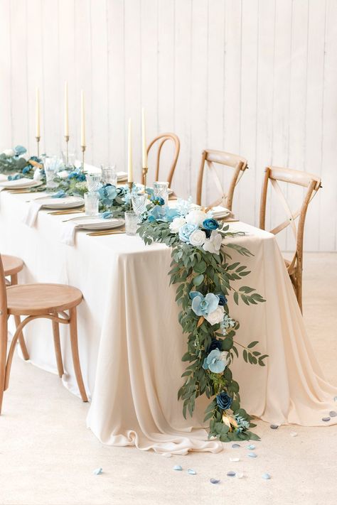 6.5FT Eucalyptus Flower Garland - Aquamarine & White Blue Table Settings, Handmade Bouquet, Aquamarine Wedding, Wedding Decors, Magnolia Wedding, School Morning, Handmade Bouquets, Flowers Real, Artificial Floral Arrangements