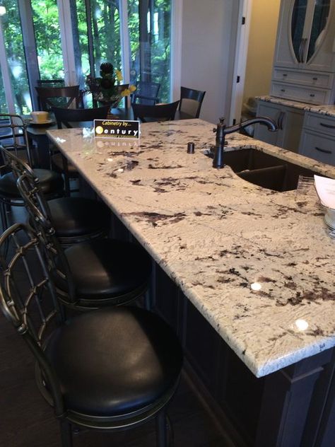 Dark Cabinet Colors, Alaska White Granite Countertops, Alaska White Granite, White Granite Kitchen, Replacing Kitchen Countertops, White Granite Countertops, Vintage Alaska, Granite Island, Kitchen Remodel Countertops