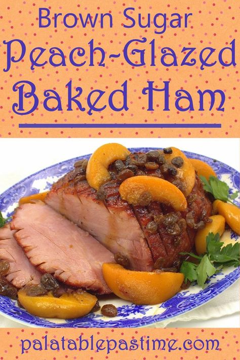 Brown Sugar Peach Glazed Ham is perfect for either a small half ham or full boneless ham,  with a sweet fruity glaze studded with peaches, raisins and spice. Peach Glaze For Ham, Baked Glazed Ham, Peach Glazed Ham, Boneless Ham Recipe, Brunch Meals, Boneless Ham, Raisins Recipe, Peach Glaze, Holiday Ham Recipes