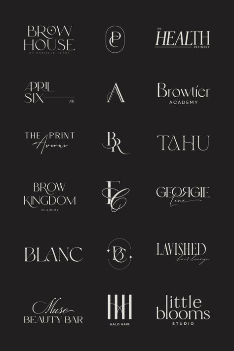 Aesthetic logo designs that are modern, minimalist and elegant. Perfect for creative agencies, fashion brands, and tech.#businessfont #typography #branding #design High End Brands Aesthetic, Luxury Brand Inspiration, Luxury Branding Design Logos, Feminine Logo Ideas, Simple Brand Design, Minimal Luxury Branding, Chic Branding Design, Luxurious Logo Design, Sleek Logo Design