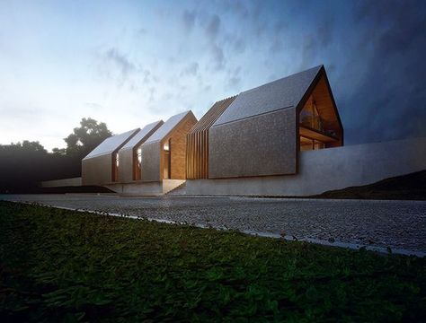 Contemporary Gable House, Pitched Roof Architecture, Gable Architecture, House On Slope, Stuttgart Airport, Slope Roof, Exterior Rendering, Architectural Rendering, Modern Barn House