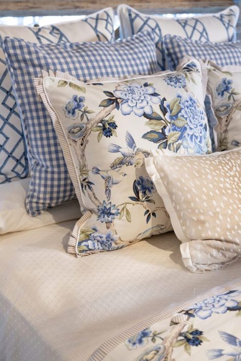 A Spring Fabrics Showcase at Nell Hill's - Nell Hill's Gorgeous Bed, Fawn Colour, Romantic Themes, Spring Fabric, Small Pillows, White Backdrop, Flower Branch, Blue Gingham, Green Pattern