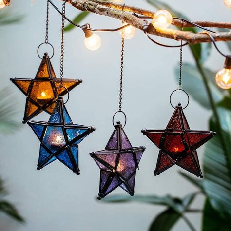 Hanging Candle Lanterns, Design Marocain, Lantern Candle Holder, Star Lantern, Stained Glass Candles, Lantern Hanging, Tea Light Lanterns, Glass Candle Lantern, Star Candle Holder