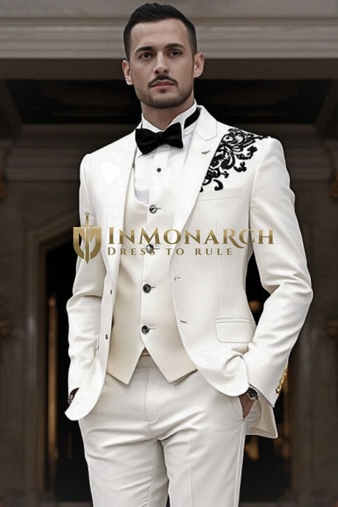 Shop InMonarch Mens Cream Tuxedo Suit for Wedding Cream Tuxedo, Cream Suit, Tie Vest, Suit For Wedding, Wedding Tuxedo, White Tuxedo, Black Bow Tie, Cream Wedding, Tuxedo Wedding