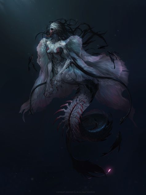 Siren Scary Evil Mermaids, Mer Creature Art, Dark Siren Art, Creepy Siren Art, Deep Sea Merfolk, Scary Siren Art, Mermaid Art Fantasy Dark, Siren Art Dark, Siren Monster